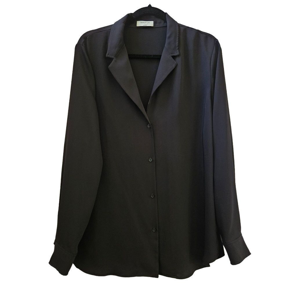 Babaton Button Down Top Womens L Black Long Sleeve Notched Lapel Blouse Office
